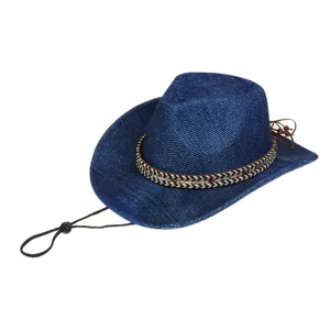 Close-up of navy blue woven cowboy hat texture with patterned band and chin strap
