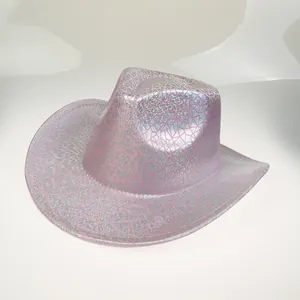 Detailed macro view of laser pink cowboy hat featuring holographic texture and upturned brim