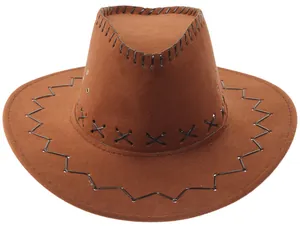 Close-up of brown western cowboy hat with black leather cross-stitching and metal eyelets