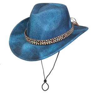 Detail of dark blue vintage fedora hat with ethnic woven band and windproof chin strap
