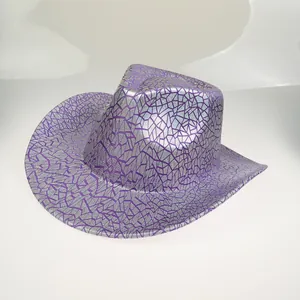 Macro shot of silver western cowboy hat featuring unique purple cracked geometric patterns