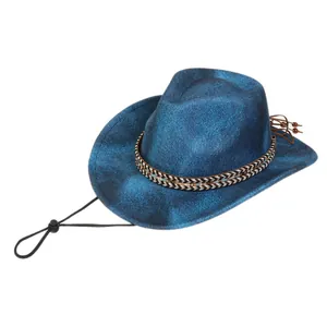 Detail of dark blue vintage jazz hat with ethnic woven band and wooden bead tassels