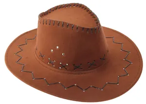 Close-up of brown cowboy hat with decorative cross-stitching and metal ventilation eyelets