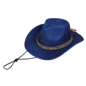 Detail of navy blue cowboy hat featuring ethnic woven band and adjustable chin strap
