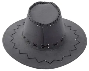 Macro detail of the dark grey western cowboy hat with decorative zigzag stitching
