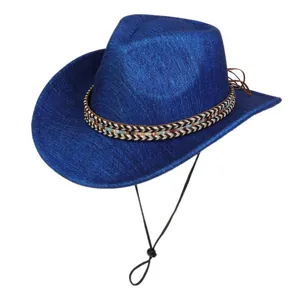 Detail of navy blue cowboy hat featuring an ethnic woven band and adjustable chin strap