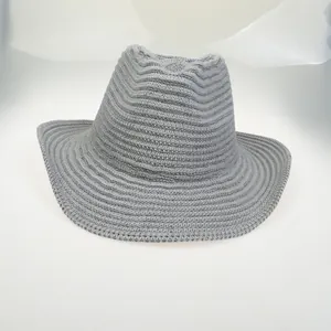 Classic grey woven fedora sun hat with stylish wave texture and wide brim for men and women