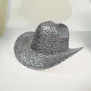Macro shot of silver cowboy hat featuring black geometric crackle patterns and metallic sheen