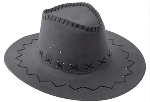 Detail of dark grey suede cowboy hat with ventilation eyelets and decorative stitching