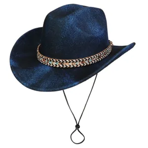 Detail of glitter navy blue fedora hat with ethnic woven band and windproof chin strap