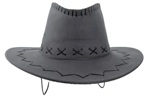Close-up of dark grey western cowboy hat with X-shaped stitching and chin strap detail