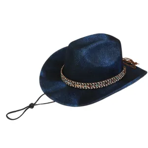 Detail of royal blue fedora with ethnic woven band and adjustable black windproof chin strap