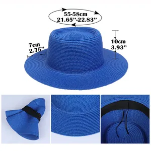 Detail view of foldable blue straw boater hat with 7cm brim and size dimensions