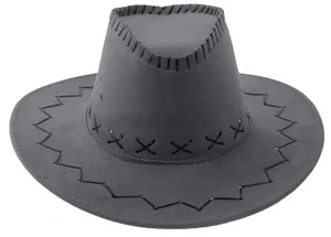 Detail of dark gray cowboy hat featuring decorative black stitching and metal eyelets