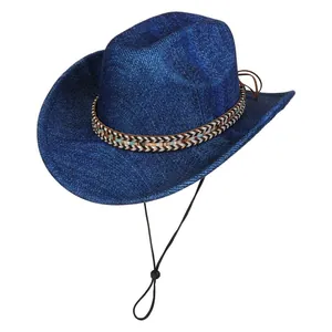 Detail of navy blue felt fedora with ethnic woven band and adjustable chin strap