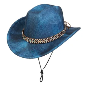 Detail of navy fedora hat featuring ethnic woven band and adjustable chin strap