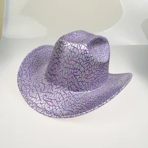 Detailed close-up of a cowboy hat featuring purple and silver cracked texture