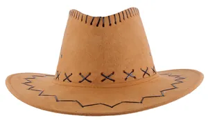 Detailed close-up of brown western cowboy hat with decorative black hand-stitched seams