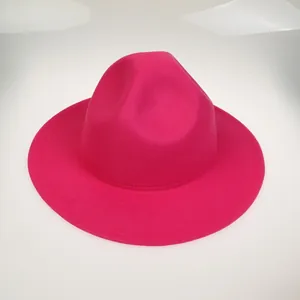 Wide brim rose red wool felt fedora hat with classic indented top and tonal stitching