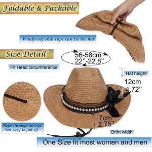 Größentabelle für faltbaren Stroh-Cowboyhut mit 56-58cm Umfang und praktischem Kinnriemen