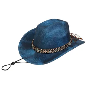 Detail of navy blue felt fedora featuring woven ethnic band and adjustable chin strap