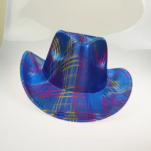 Close-up of shiny blue cowboy hat with colorful rainbow stripes and curved brim