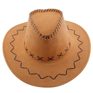 Detailed view of western cowboy hat featuring heavy black stitching and metal eyelets