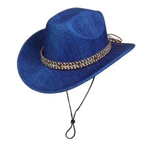 Detail of blue jazz hat featuring shimmering texture, woven band, and adjustable wind rope