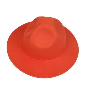 Vibrant orange felt fedora hat with wide flat brim and classic pinched crown for styling
