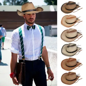 Detalle de sombrero vaquero de paja tejida con tachuelas de estrella y cordón ajustable