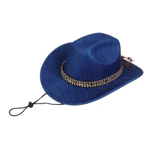 Detail of royal blue fedora hat with ethnic woven band and adjustable wind rope