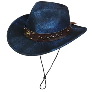 Detail of dark blue vintage jazz hat with brown leather band and windproof rope accessory