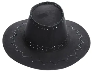 Detail of black cowboy hat featuring decorative cross-stitch and zigzag brim stitching