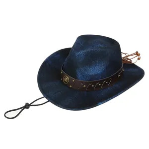 Detail of blue cowboy hat featuring leather band with bronze badges and adjustable wind cord