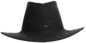 Detail of black western cowboy hat with decorative cross-stitching and wavy edge stitching