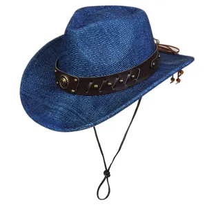 Detail of dark blue cowboy hat with brown leather band, rivets, and adjustable chin strap
