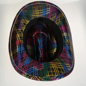 Detail of colorful grid pattern party hat showing interior sweatband and 100% polyester label