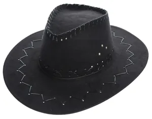 Detail of black cowboy hat with white contrast stitching and metallic ventilation eyelets