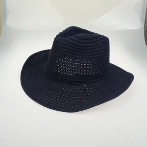 Navy blue woven fedora hat with breathable crochet pattern and wide brim for sun protection
