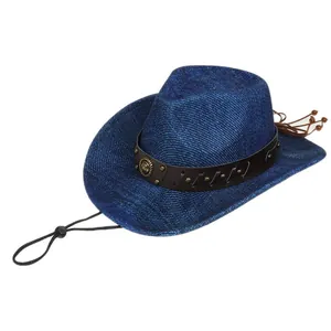 Detail of navy blue felt fedora hat featuring leather band with metal rivets and wind rope