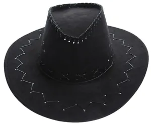 Detail of black western cowboy hat with whipstitch decorative edges and metal eyelets