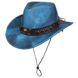 Close-up of vintage blue fedora featuring brown leather band with bronze metal studs