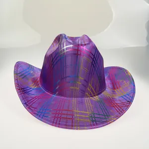 Close-up of a purple cowboy hat featuring metallic rainbow stripes and wide curved brim