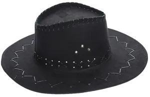 Detail of black cowboy hat with decorative cross stitching and metal ventilation eyelets