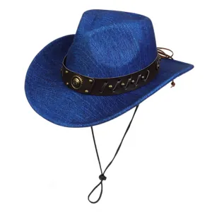 Detail of dark blue felt cowboy hat featuring studded leather band and adjustable wind rope
