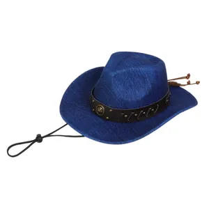 Detail of navy fedora with brown leather band, metallic studs, and chin strap