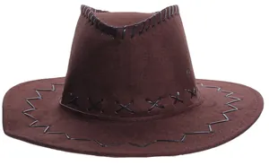 Detail of dark brown cowboy hat with decorative black cross stitching on the brim