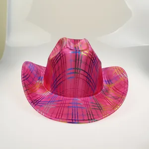 Detail of pink western cowboy hat featuring colorful glitter stripes and curved brim
