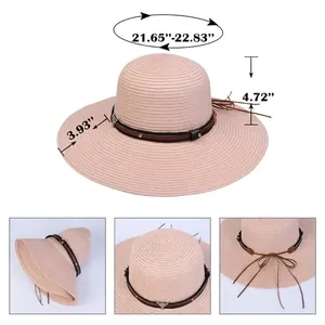 Size chart and details of a wide brim straw sun hat with leather strap buckle