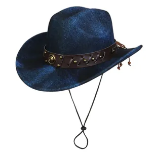 Detail of navy glitter cowboy hat featuring brown leather band and adjustable chin cord